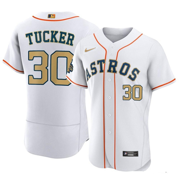 Men's Houston Astros #30 Kyle Tucker White 2023 Gold Collection With World Serise Champions Patch Stitched Baseball Jersey